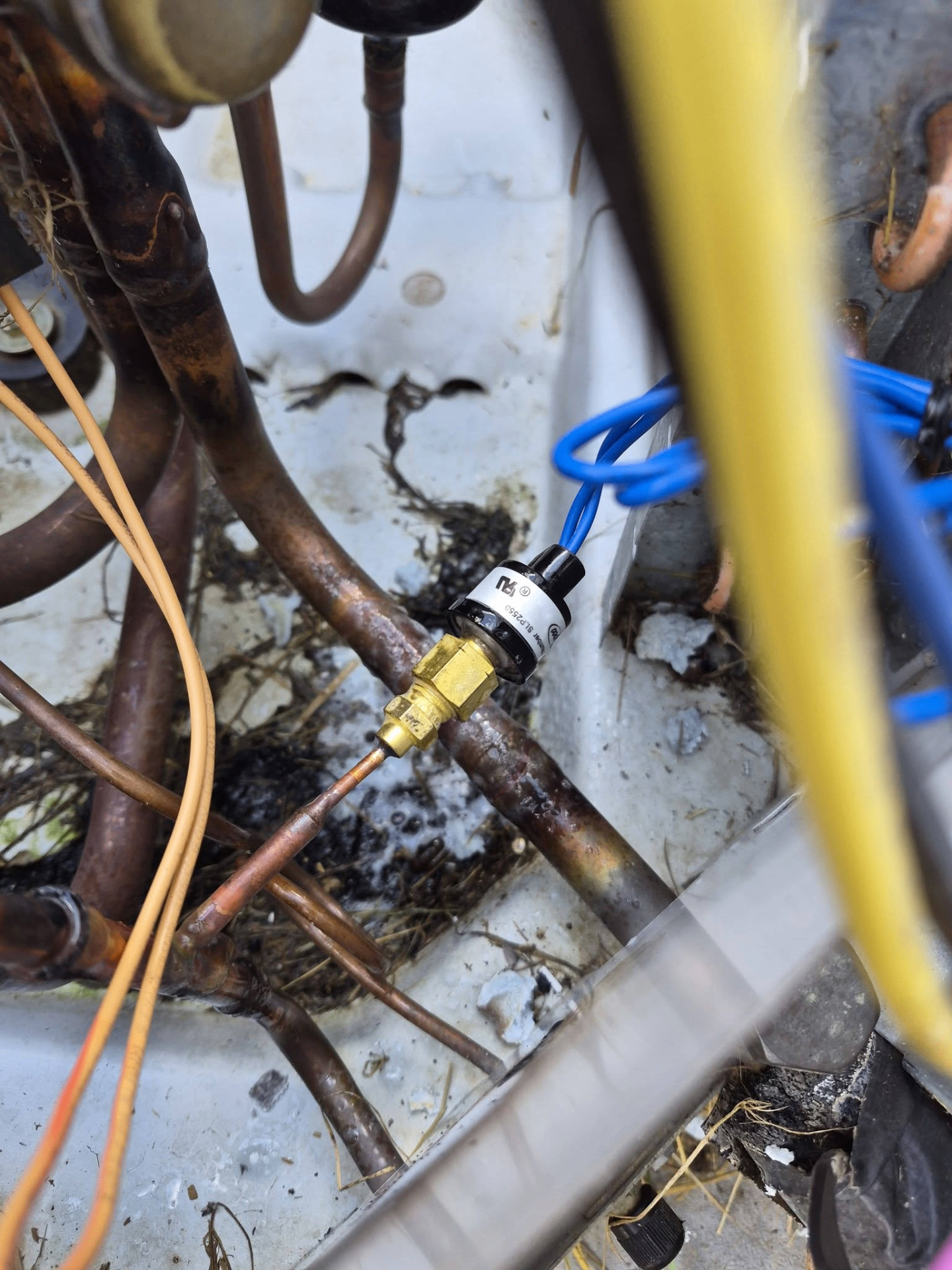 Close-up of refrigerant line repair with pressure switch